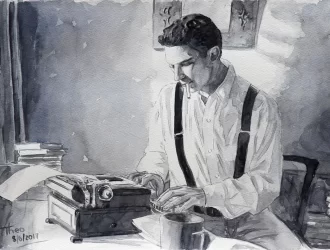 The image shows a writer writing a piece