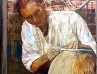 The image shows a potter at work. This reflects the theme of the poem.