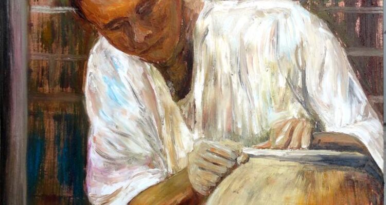 The image shows a potter at work. This reflects the theme of the poem.